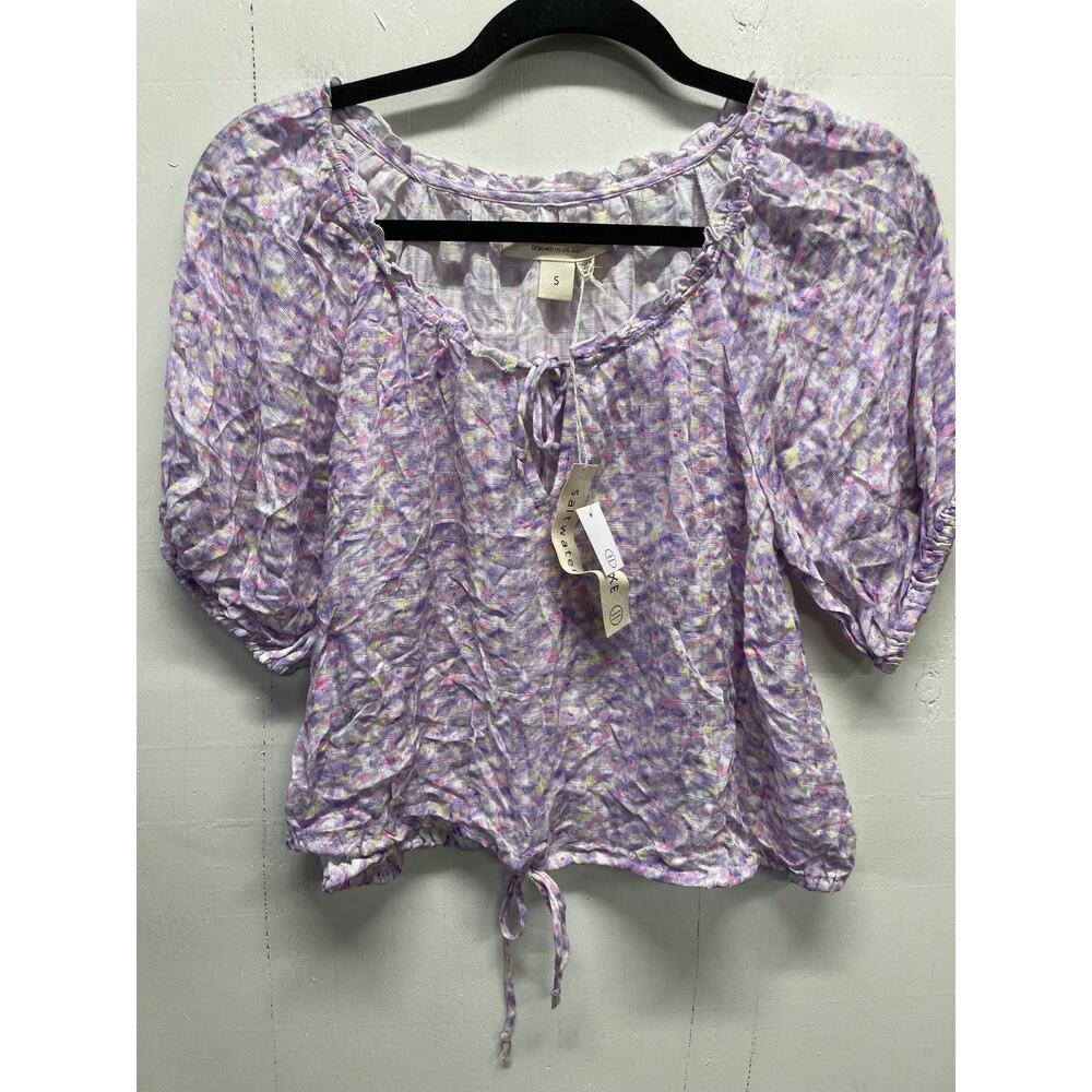 Salt Water Luxe Women's Top Small Purple, Pink, Yellow Print Puff Sleeves NWT